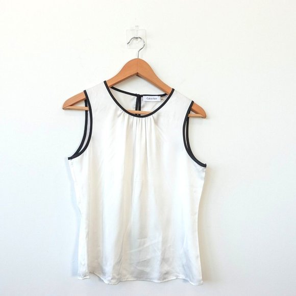 White Top Crop Women Medium Tank Contrast Ringer  Pleated Petite CALVIN‎ KLEIN - Picture 1 of 8